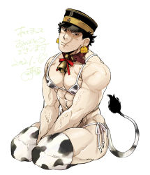 Rule 34 | 1boy, abs, alternate costume, animal ears, animal print, bara, bell, black eyes, black hair, blush, bra, chinese zodiac, covered erect nipples, cow boy, cow ears, cow horns, cow print, cow tail, crossdressing, facial scar, full body, golden kamuy, happy new year, head tilt, horns, kneeling, looking at viewer, maeba (morbid+lovers), male focus, mature male, muscular, muscular male, neck bell, new year, nipples, panties, pectoral cleavage, pectorals, print bra, print thighhighs, scar, scar on cheek, scar on face, scar on mouth, scar on nose, short hair, sideburns, sidepec, solo, spiked hair, stomach, sugimoto saichi, tail, thick thighs, thighhighs, thighs, translation request, underwear, veins, year of the ox