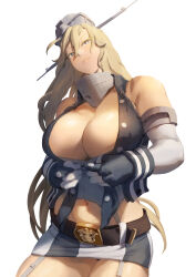 Rule 34 | 1girl, absurdres, blonde hair, blue eyes, breasts, cleavage, elbow gloves, garter straps, gloves, hair between eyes, hat, headgear, highres, iowa (kancolle), kantai collection, large breasts, long hair, skirt, smile, star-shaped pupils, star (symbol), striped clothes, striped skirt, symbol-shaped pupils, vertical-striped clothes, vertical-striped skirt, ye fan