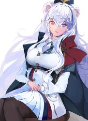 Rule 34 | 1girl, absurdres, arknights, black pantyhose, blue cape, blue eyes, blue hair, blue necktie, bow, breasts, buttons, cape, dress, feet out of frame, hair between eyes, heterochromia, highres, large breasts, long sleeves, looking at viewer, multicolored hair, necktie, pantyhose, parted lips, pink hair, red bow, red eyes, rosa (arknights), simple background, sinoda, sitting, solo, streaked hair, ursus empire logo, white background, white dress, white hair