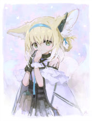 Rule 34 | 1girl, animal ears, arknights, bad id, bad twitter id, bare shoulders, black collar, black gloves, black vest, blonde hair, blue hairband, border, braid, collar, dress, earpiece, female focus, fox ears, fox tail, gloves, green eyes, hairband, highres, infection monitor (arknights), looking at viewer, material growth, multicolored hair, multiple tails, oripathy lesion (arknights), own hands together, sho (sho lwlw), single glove, single wrist cuff, smile, solo, streaked hair, suzuran (arknights), tail, upper body, vest, white border, white dress, white hair, white wristband, wrist cuffs