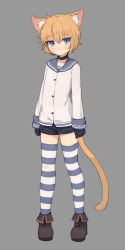 Rule 34 | &gt;:(, 1boy, animal ears, black gloves, black shorts, blue eyes, boots, brown hair, cat boy, cat ears, cat tail, collar, frown, full body, gloves, grey background, highres, looking at viewer, male focus, original, shirt, shone, short hair, short shorts, shorts, simple background, solo, standing, striped clothes, striped thighhighs, tail, thighhighs