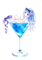 Rule 34 | 1girl, 54hao, backless dress, backless outfit, bare arms, bare legs, bare shoulders, barefoot, blue bow, blue eyes, blue hair, blue ribbon, bow, closed mouth, cocktail, cocktail glass, cup, dress, drinking glass, artistic error, frilled bow, frills, hair bow, highres, ice, in container, in cup, looking at viewer, looking back, original, partially submerged, ribbon, short dress, simple background, sitting, sleeveless, sleeveless dress, solo, wavy hair, white background, white dress