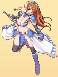 Rule 34 | 1girl, armor, bikini armor, boots, breasts, brown hair, cleavage, collar, detached collar, elbow gloves, female focus, gloves, huge breasts, kei jiei, midriff, navel, pauldrons, red eyes, shoulder armor, simple background, solo, stomach, sword, thighhighs, weapon