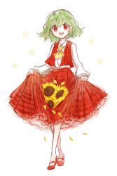Rule 34 | 1girl, flower, green hair, hair between eyes, highres, kazami yuuka, long sleeves, looking at viewer, no headwear, open mouth, petals, red eyes, red footwear, red skirt, red vest, shirt, shoes, short hair, simple background, skirt, smile, solo, sunflower, tama (hiroshige 36), touhou, vest, white background, white shirt, white sleeves, yellow neckwear