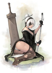 Rule 34 | 1girl, absurdres, alternate costume, alternate hairstyle, ass, black gloves, black thighhighs, blindfold, blindfold lift, breasts, cleavage, feet, gloves, hair bun, hair ornament, hairband, hairpin, highres, huge weapon, japanese clothes, kimono, large breasts, looking at viewer, lying, mole, mole under mouth, neck ribbon, nier (series), nier:automata, on side, panties, paul dang (podang), ribbon, ripples, silver hair, simple background, solo, sword, thighhighs, toes, torn clothes, torn thighhighs, underwear, water, weapon, white panties, 2b (nier:automata)