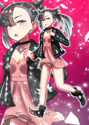 Rule 34 | 1girl, ai wa muteki, ankle boots, asymmetrical bangs, black choker, black footwear, black hair, black jacket, blush, boots, breasts, cameltoe, choker, cleavage, clenched hands, collarbone, commentary request, creatures (company), dress, earrings, eyelashes, full body, game freak, green eyes, hair ribbon, hand up, highres, jacket, jewelry, leg up, marnie (pokemon), nintendo, open clothes, open jacket, open mouth, outline, panties, pantyshot, pink dress, pokemon, pokemon swsh, red ribbon, ribbon, teeth, tongue, underwear, upper teeth only, white panties, zoom layer