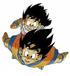 Rule 34 | 2boys, arms at sides, backlighting, black eyes, black hair, carrying, child, cleaned, clenched hand, close-up, commentary, dark-skinned male, dark skin, dougi, dragon ball, dragonball z, father and son, fingernails, flying, full body, grin, happy, highres, looking afar, male focus, messy hair, multiple boys, muscular, official art, open mouth, outstretched hand, piggyback, shaded face, simple background, sitting, smile, son gohan, son goku, teeth, toei animation, toriyama akira, white background, wristband