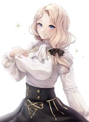 Rule 34 | 1girl, ascot, black bow, black skirt, blonde hair, blush, bow, breasts, buttons, commentary, english commentary, fire emblem, fire emblem: three houses, forehead, garreg mach monastery uniform, grin, hair bow, highres, large breasts, long hair, long sleeves, looking at viewer, mercedes von martritz, nintendo, pochaimo, purple eyes, shirt, side ponytail, simple background, skirt, smile, solo, teeth, twitter username, uniform, white ascot, white background, white shirt