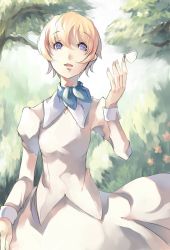 Rule 34 | 1girl, :d, blonde hair, bug, butterfly, butterfly on hand, cowboy shot, ascot, day, dress, flower, bug, long sleeves, mikage sekizai, nature, open mouth, original, outdoors, plant, purple eyes, smile, solo, tree, white dress
