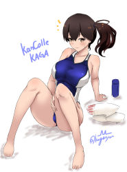Rule 34 | ^^^, barefoot, blue one-piece swimsuit, breasts, brown eyes, brown hair, character name, competition swimsuit, copyright name, highres, kaga (kancolle), kantai collection, kuga zankurou, large breasts, long hair, one-piece swimsuit, scarf, side ponytail, simple background, sitting, swimsuit, thermos, towel, white background