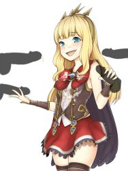Rule 34 | 1girl, :d, aqua eyes, black cape, black thighhighs, blonde hair, blunt bangs, blush, bow, cagliostro (granblue fantasy), cape, cowboy shot, cum, cum on clothes, disembodied penis, double handjob, facial, granblue fantasy, hairband, handjob, long hair, looking at viewer, moshi (atelier33-4), multiple penises, open mouth, penis, red bow, red skirt, simple background, skirt, sleeveless, smile, thighhighs, troll face, vambraces, white background, zettai ryouiki