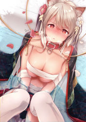 Rule 34 | 1girl, animal ear fluff, animal ears, armpit crease, azur lane, bandaged arm, bandages, black kimono, blush, breasts, breasts squeezed together, breath, bridal gauntlets, budget sarashi, cleavage, collar, commentary request, cowboy shot, dermar, floral print, flower, hair between eyes, hair flower, hair ornament, heart, heart-shaped pupils, heart collar, highres, in heat, japanese clothes, kimono, knees up, large breasts, long hair, looking at viewer, navel, nose blush, open clothes, open kimono, parted lips, partially submerged, petals, petals on liquid, photoshop (medium), print kimono, red collar, red eyes, red skirt, revision, sarashi, sidelocks, signature, silver hair, sitting, skirt, solo, symbol-shaped pupils, thick eyebrows, thighhighs, underboob, water, white thighhighs, wolf ears, wolf girl, yuudachi (azur lane), yuudachi (shogun of snowballs) (azur lane)