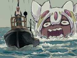 Rule 34 | 1girl, boat, body fur, brown fur, chasing, commentary request, cosplay, faputa, furry, godzilla, godzilla (cosplay), godzilla (series), godzilla minus one, highres, horizontal pupils, made in abyss, monster girl, no humans, ocean, outdoors, solo, teeth, watercraft, ximu shilang
