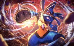 Rule 34 | abstract background, ambiguous gender, clenched hands, clenched teeth, commentary request, creatures (company), furry, game freak, gen 4 pokemon, highres, incoming attack, incoming punch, kuroi susumu, landscape, legs apart, looking at viewer, lucario, nintendo, pokemon, pokemon (creature), punching, red eyes, solo, spikes, standing, sunset, teeth