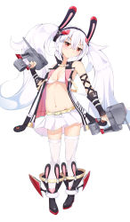 Rule 34 | 1girl, absurdres, animal ears, azur lane, bad id, bad pixiv id, bare shoulders, blush, breasts, catnnn, commentary request, fake animal ears, frown, hair between eyes, hair ornament, hairband, highres, holding, jacket, laffey (azur lane), laffey (retrofit) (azur lane), long hair, looking at viewer, medium breasts, navel, pleated skirt, rabbit ears, red eyes, simple background, skirt, solo, swimsuit, thighhighs, twintails, v-shaped eyebrows, very long hair, white background, white hair, white skirt, white thighhighs