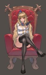 Rule 34 | 1girl, black footwear, black thighhighs, blonde hair, blue bow, bottle, bow, breasts, chair, crossed legs, full body, grey background, hair bow, hair intakes, high heels, highres, holding, holding bottle, kahill, large breasts, long hair, long sleeves, looking at viewer, original, pointy ears, red eyes, simple background, sitting, smile, solo, thighhighs, throne, very long hair