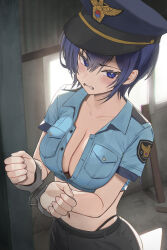 Rule 34 | 1girl, black pants, blue eyes, blue hair, blush, breasts, cleavage, clenched hands, clenched teeth, commission, crop top, cuffs, hair between eyes, handcuffs, hands up, hat, highres, indoors, large breasts, leash, looking at viewer, midriff, navel, original, pants, panty straps, peaked cap, police, police hat, police uniform, policewoman, short hair, solo, stomach, teeth, twin (tt lsh), uniform, v-shaped eyebrows, viewer holding leash
