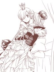 Rule 34 | 10s, 1boy, 1girl, alternate costume, armor, bad id, bad pixiv id, bare shoulders, closed eyes, closed mouth, couple, crown, detached sleeves, dress, elizabeth liones, fur trim, greyscale, hair over one eye, harumiya, imminent kiss, indoors, jewelry, long hair, long sleeves, looking at viewer, meliodas, monochrome, nanatsu no taizai, necklace, pillow, ribbon, single thighhigh, sitting, thighhighs, wide sleeves