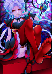 Rule 34 | 1girl, absurdres, chromatic aberration, feet, go! princess precure, highres, long hair, looking at viewer, parted lips, pointy ears, precure, red eyes, red legwear, shoes, silver hair, single shoe, soles, toes, twilight (go! princess precure)