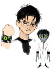 1boy absurdres alien ben_10 brown_eyes crossover dandadan glasses green_light highres male_focus omnitrix round_eyewear sketch solo sza217uu takakura_ken_(dandadan)