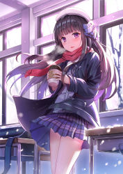 Rule 34 | 1girl, backlighting, bag, beret, black jacket, blunt bangs, blush, breath, classroom, coffee, coffee cup, cup, desk, disposable cup, hat, himonoata, holding, holding cup, indoors, ipass (yi ka tong), jacket, legs together, long hair, long sleeves, looking at viewer, open mouth, plaid, plaid skirt, pleated skirt, purple eyes, purple skirt, red scarf, scarf, school, school bag, school desk, school uniform, serafuku, skirt, smile, snow, solo, steam, wind, window, winter clothes, xiao pa