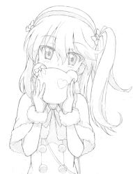 Rule 34 | 1girl, bag, boko (girls und panzer), capelet, carrying, coat, commentary, covering own mouth, fur-trimmed capelet, fur trim, girls und panzer, gloves, graphite (medium), greyscale, hair ribbon, handbag, holding, kayabakoro, light blush, long hair, long sleeves, looking at viewer, monochrome, one side up, ribbon, shimada arisu, solo, traditional media, upper body, valentine