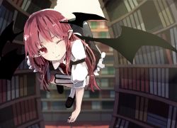Rule 34 | 1girl, black footwear, book, book stack, bookshelf, closed mouth, demon wings, flying, full body, futatsuki eru, head tilt, head wings, highres, holding, holding book, koakuma, library, long hair, looking at viewer, necktie, one eye closed, pointy ears, red eyes, red hair, red necktie, shoes, smile, socks, solo, touhou, white socks, wings