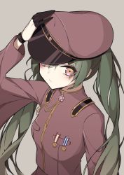 Rule 34 | 1girl, :/, aiguillette, bad id, bad pixiv id, black gloves, breast pocket, closed mouth, eyeshadow, giryu, gloves, green hair, grey background, hatsune miku, jacket, long hair, long sleeves, makeup, military, military jacket, military uniform, pale skin, pocket, purple eyes, purple headwear, purple jacket, senbon-zakura (vocaloid), simple background, solo, twintails, uniform, upper body, very long hair, vocaloid, wristband