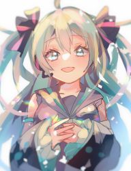 Rule 34 | 1girl, adapted costume, blouse, blue eyes, blue hair, blush, bow, chiro (chi-bu-ko), collared shirt, hair bow, hatsune miku, headphones, highres, long sleeves, looking at viewer, pale skin, shirt, sleeveless, sleeveless shirt, smile, solo, twintails, vocaloid