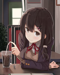 Rule 34 | 1girl, bendy straw, breast rest, breasts, brown eyes, brown hair, buttons, cup, drinking glass, drinking straw, hair ornament, hairclip, highres, jacket, long hair, looking at viewer, max melon, medium breasts, original, ribbon, school uniform, scrunchie, smile, solo, upper body