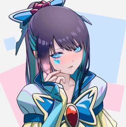 Rule 34 | 1girl, ado (utaite), aqua eyes, aqua hair, averting eyes, black hair, blue bow, blue eyes, blue hair, blush, bow, bug, butterfly, clothing request, colored inner hair, cosplay, cure aqua, cure aqua (cosplay), egoist tosummer, embarrassed, hair bow, hand up, heart, high ponytail, insect, juliet sleeves, long hair, long sleeves, multicolored hair, nose blush, parted lips, precure, puffy sleeves, sidelocks, solo, two-tone hair, upper body, yes! precure 5, yes! precure 5 gogo!