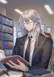 Rule 34 | 1boy, blurry, blurry background, book, book stack, bookshelf, character request, closed eyes, collared shirt, commentary request, copyright request, grey shirt, hair between eyes, haneru, highres, holding, holding book, indoors, jacket, long hair, long sleeves, masterwork apocalypse, nib pen (object), open book, open clothes, open jacket, paper, pen, shirt, sidelocks, silver hair, suit jacket, table
