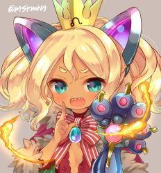 Rule 34 | :d, animal ears, bad id, bad pixiv id, blonde hair, blue eyes, bow, brown background, capelet, crown, dark-skinned female, dark skin, denebola (p&amp;d), fake animal ears, fingernails, fire, fur-trimmed capelet, fur trim, hair between eyes, index finger raised, long hair, looking at viewer, mashiro miru, mini crown, open mouth, purple capelet, puzzle &amp; dragons, red bow, sharp teeth, simple background, smile, solo, striped, striped bow, teeth, thick eyebrows, twitter username