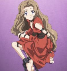 Rule 34 | 00s, 1girl, bad anatomy, bad proportions, barefoot, blue eyes, brown hair, chain, code geass, detached sleeves, dress, feet, female focus, highres, kneeling, long hair, looking back, nunnally vi britannia, red dress, screencap, soles, solo, spoilers, stitched, strap, surprised, thigh strap, third-party edit
