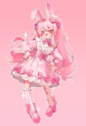 Rule 34 | + +, 1girl, :d, animal ear fluff, animal ears, asymmetrical legwear, blush, bow, bowtie, center frills, collared shirt, fang, frilled shirt, frilled skirt, frilled socks, frills, full body, hair between eyes, hands on own hips, high-waist skirt, highres, kneehighs, long hair, long sleeves, looking at viewer, magical girl, open mouth, original, ozureiji, petticoat, pink background, pink bow, pink bowtie, pink eyes, pink footwear, pink hair, pink skirt, pink socks, platform footwear, puffy long sleeves, puffy sleeves, rabbit ears, rabbit girl, raised eyebrows, shirt, shirt tucked in, sidelocks, simple background, single kneehigh, single sock, single thighhigh, skin fang, skirt, smile, socks, solo, thighhighs, twintails, white shirt, white thighhighs