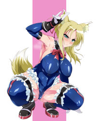 Rule 34 | 1girl, angry, animal ears, bare shoulders, blonde hair, blue one-piece swimsuit, blue thighhighs, blush, breasts, commission, cosplay, detached sleeves, dog days, fox ears, fox girl, fox tail, gloves, green eyes, hair ribbon, kain0037, large breasts, leotard, long hair, marie rose, marie rose (cosplay), one-piece swimsuit, ponytail, red ribbon, ribbon, skeb commission, sleeveless, solo, squatting, swimsuit, tail, thighhighs, yukikaze panettone
