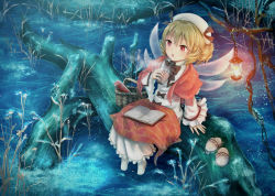 Rule 34 | 1girl, :o, arm support, arm up, black bow, black bowtie, blanket, blonde hair, book, book on lap, bow, bowtie, candle, commentary request, cup, dress, drill hair, fairy wings, hair between eyes, hat, hat ribbon, holding, holding cup, lantern, light particles, log, long sleeves, looking to the side, luna child, night, open book, outdoors, picnic basket, red eyes, ribbon, shawl, sitting, sitting on log, slippers, socks, solo, steam, thermos, touhou, transparent wings, unworn slippers, water, white dress, white hat, white socks, wings, yukanomokume