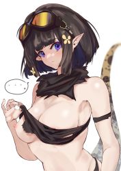 Rule 34 | ..., 1girl, a(by)ss, arknights, black hair, black panties, black scarf, black shirt, blue hair, breasts, clothes lift, colored inner hair, commentary, eunectes (arknights), goggles, goggles on head, hair ornament, highres, looking at viewer, medium breasts, multicolored hair, nipple slip, nipples, panties, pointy ears, purple eyes, scarf, shirt, shirt lift, short hair, simple background, snake tail, solo, speech bubble, spoken ellipsis, tail, underwear, upper body, white background