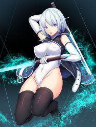 Rule 34 | 1girl, :o, bare shoulders, belt, black thighhighs, blue eyes, boots, breasts, cloak, covered navel, cross, cross necklace, daiaru, dual wielding, elbow gloves, female focus, fighting stance, gloves, groin, highres, holding, holding sword, holding weapon, hood, hooded cloak, hoodie, jewelry, large breasts, legs, leotard, looking at viewer, necklace, original, parted lips, senhime bad ending ii, short hair, solo, sword, thigh boots, thighhighs, thighs, weapon, white hair, white leotard