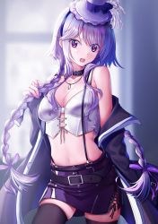 Rule 34 | 1girl, absurdres, baozha gangbi, bare shoulders, belt, black collar, black jacket, black thighhighs, braid, breasts, cleavage, collar, collarbone, commentary request, cowboy shot, crop top, hat, highres, huge filesize, jacket, jewelry, large breasts, long braid, looking at viewer, midriff, miniskirt, nail polish, navel, necklace, off shoulder, open mouth, original, pencil skirt, pink nails, purple hat, skindentation, skirt, sleeveless, solo, teeth, thighhighs, upper teeth only, zettai ryouiki