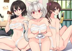 Rule 34 | 3girls, animal ears, bandages, black hair, blurry, breasts, brown eyes, brown hair, camera, cleavage, unworn clothes, collarbone, commission, convenient censoring, cup, furrowed brow, himekaidou hatate, holding, holding camera, holding phone, inubashiri momiji, kaede (mmkeyy), long hair, looking at viewer, looking back, mug, multiple girls, navel, one eye closed, phone, photo (object), pointy ears, red eyes, sarashi, saucer, shameimaru aya, short hair, shouji, shoulder blades, signature, sitting, skeb commission, sliding doors, stomach, table, tail, teacup, thighs, touhou, two side up, wolf ears, wolf tail