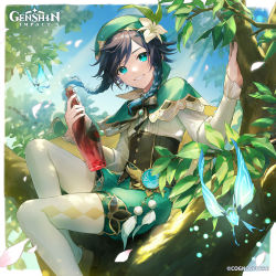 Rule 34 | 1boy, absurdres, aqua eyes, beret, blue hair, bottle, bow, bowtie, capelet, collared capelet, company name, copyright notice, dark blue hair, day, feathers, genshin impact, gradient hair, green shorts, hat, highres, holding, holding bottle, in tree, long sleeves, looking at viewer, male focus, multicolored hair, official art, pantyhose, petals, pom pom (clothes), second-party source, short hair with long locks, shorts, sidelocks, solo, tree, usuke (u skeeep), venti (genshin impact), vision (genshin impact), white pantyhose, wine bottle