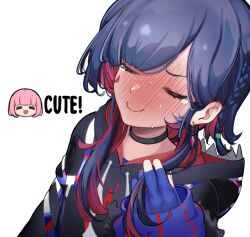 Rule 34 | 2girls, :d, = =, arisu (614anemone), black choker, black hoodie, blue gloves, blue hair, blue hoodie, blunt bangs, blush, braid, chibi, chibi inset, choker, closed eyes, colored inner hair, commentary, diamond earrings, earrings, english commentary, english text, full-face blush, gloves, hand up, hood, hood down, hoodie, jewelry, kaf (kamitsubaki studio), kamitsubaki studio, long hair, looking at viewer, multicolored clothes, multicolored hair, multicolored hoodie, multiple girls, open mouth, pink hair, red hair, rim (kamitsubaki studio), side braid, simple background, smile, sweat, swept bangs, tearing up, v-shaped eyebrows, virtual youtuber, white background