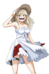 Rule 34 | absurdres, adjusting clothes, adjusting headwear, alternate hairstyle, arm at side, armpits, artist request, bags under eyes, blonde hair, blood on clothes, boku no hero academia, breasts, cleavage, clenched hands, collarbone, dress, eyelashes, fangs, hair down, hand up, happy, hat, highres, holding, holding knife, knife, knife sheath, legs, looking at viewer, medium breasts, medium hair, neck, no bra, open mouth, scrunchie, sheath, shiny skin, sidelocks, simple background, stained clothes, standing, summer, sun hat, sundress, thighlet, thighs, toga himiko, weapon, white background, white dress, wrist scrunchie, yellow eyes