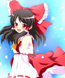 Rule 34 | 1girl, black hair, bow, detached sleeves, female focus, gradient background, hair bow, hakurei reimu, japanese clothes, long hair, miko, miracle (miracle1980), red eyes, ribbon, solo, touhou