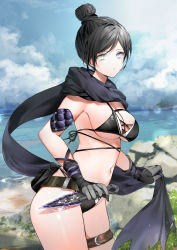 Rule 34 | 1girl, absurdres, animification, apex legends, bare shoulders, belt, bikini, black bikini, black hair, black scarf, blue eyes, blush, breasts, brown belt, cleavage, gloves, grey gloves, hair bun, highres, holding, holding weapon, large breasts, outdoors, scarf, solo, standing, swimsuit, thigh strap, thighs, weapon, wraith&#039;s kunai, wraith (apex legends), yukineko1018