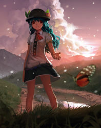 Rule 34 | 1girl, :3, absurdres, bad id, bad pixiv id, black hat, blue hair, bug, butterfly, food, fruit, hat, highres, hinanawi tenshi, insect, long hair, looking at viewer, lu ying, peach, red eyes, smile, solo, touhou