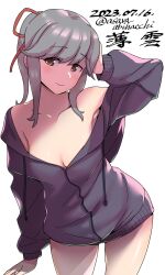 Rule 34 | 1girl, asava (hutaitenn), bare shoulders, breasts, brown eyes, cowboy shot, dated, drawstring, grey hair, grey jacket, hair ribbon, highres, hood, hooded jacket, jacket, kantai collection, leaning forward, long hair, one-hour drawing challenge, ponytail, red ribbon, ribbon, simple background, small breasts, solo, usugumo (kancolle), white background