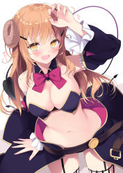 Rule 34 | 1girl, arm up, armpits, bare shoulders, bow, bowtie, breasts, cleavage, cosplay, cowboy shot, curled horns, demon girl, demon horns, demon tail, detached collar, detached sleeves, frills, garter straps, hair ornament, hairclip, highres, horns, large breasts, light brown hair, long hair, long sleeves, looking at viewer, machikado mazoku, medium breasts, midriff, minato shachiko, navel, revealing clothes, sachiiro hanamizuki, sasahara wakaba, solo, stomach, tail, waist cape, white background, yellow eyes, yoshida yuuko (machikado mazoku), yoshida yuuko (machikado mazoku) (cosplay)