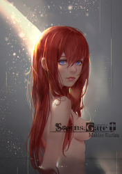 Rule 34 | 1girl, blue eyes, blurry, bokeh, censored, censored by text, character name, closed mouth, completely nude, convenient censoring, copyright name, depth of field, grey background, hair between eyes, highres, lips, long hair, looking at viewer, makise kurisu, nude, pink lips, red hair, shori bun, solo, steins;gate, upper body, very long hair